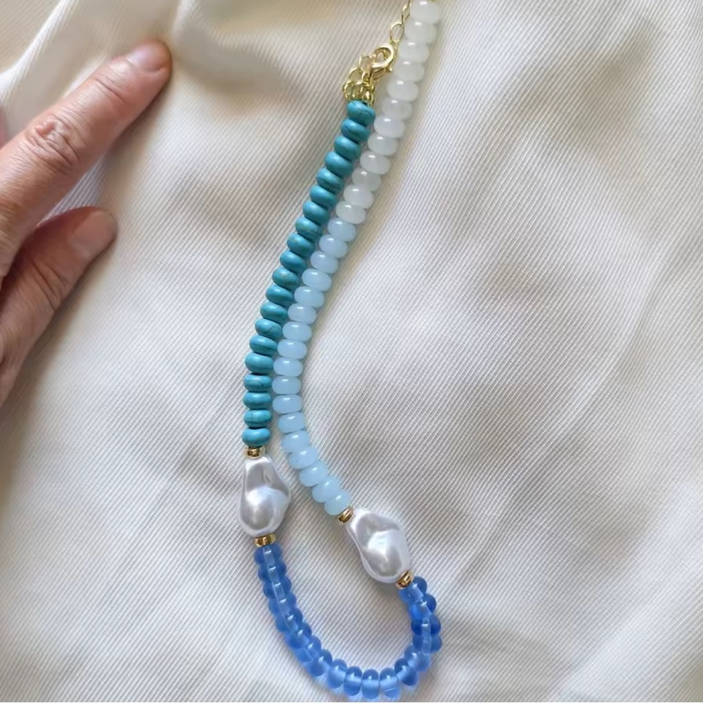 Blue Beaded Necklace with Pearl Accents